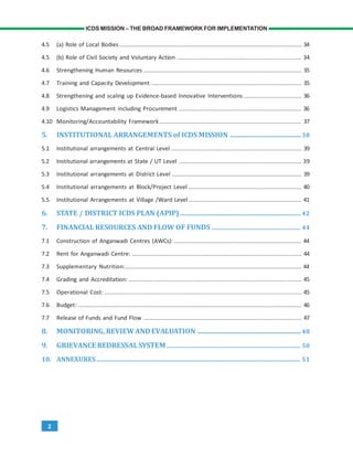 2
ICDS MISSION – THE BROAD FRAMEWORK FOR IMPLEMENTATION
4.5 (a) Role of Local Bodies................................................................................................................. 34
4.5 (b) Role of Civil Society and Voluntary Action ............................................................................. 34
4.6 Strengthening Human Resources .................................................................................................. 35
4.7 Training and Capacity Development ............................................................................................. 35
4.8 Strengthening and scaling up Evidence-based Innovative Interventions.................................... 36
4.9 Logistics Management including Procurement ............................................................................ 36
4.10 Monitoring/Accountability Framework........................................................................................ 37
5. INSTITUTIONAL ARRANGEMENTS of ICDS MISSION .........................................38
5.1 Institutional arrangements at Central Level................................................................................. 39
5.2 Institutional arrangements at State / UT Level ............................................................................ 39
5.3 Institutional arrangements at District Level ................................................................................ 39
5.4 Institutional arrangements at Block/Project Level ...................................................................... 40
5.5 Institutional Arrangements at Village /Ward Level...................................................................... 41
6. STATE / DISTRICT ICDS PLAN (APIP)......................................................................42
7. FINANCIAL RESOURCES AND FLOW OF FUNDS ............................................................ 44
7.1 Construction of Anganwadi Centres (AWCs): ............................................................................... 44
7.2 Rent for Anganwadi Centre: ......................................................................................................... 44
7.3 Supplementary Nutrition:............................................................................................................. 44
7.4 Grading and Accreditation: ........................................................................................................... 45
7.5 Operational Cost: .......................................................................................................................... 45
7.6 Budget: .......................................................................................................................................... 46
7.7 Release of Funds and Fund Flow .................................................................................................. 47
8. MONITORING,REVIEW ANDEVALUATION ............................................................48
9. GRIEVANCE REDRESSALSYSTEM........................................................................................... 50
10. ANNEXURES.............................................................................................................................. 51
 