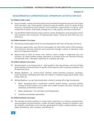 64
ICDS MISSION – THE BROAD FRAMEWORK FOR IMPLEMENTATION
Annexure IV
DEVELOPMENTALLY APPROPRIATE/AGE APPROPRIATE ACTIVITIES FOR ECCE
For Children Under 3 years
Focus on Health, nutrition and early psycho social stimulation through free play and a lot of adult
child interaction. Egs. (infant games, traditional songs & syllables, access to variety of play
materials, individualized adult attention and interaction, opportunities to explore, early
introduction to stories, infant books, drawings etc.) in safe, spacious and clean environment.
Use the Mother Child Protection Card to enhance care for development, early stimulation and for
early detection and intervention of developmental delays, linking this with other key care
behaviours.
For Children between 3 to 4 years
Planned play based programme for all round development with more of free play. (2-3 hours)
Continuous opportunities, more free but some guided, for adult–child, child to child interaction
and interaction with play materials and environment through a variety of individual, small
group and large group activities.
Opportunities to listen to stories, learn rhymes, create, indulge in imaginative play, ask
questions, do simple problem solving, experiment to promote active and interactive learning
and generally have a ‘feel good’ experience for a positive self image.
For Children between 4 to 5 years
Moving towards an increasing ratio of adult guided vs. free play activities, and more of large
group activities and focused more on specific school readiness, with increasing complexity in all
of above.(3-4 hours)
Reading Readiness: e.g. picture–sound matching, shapes, phonetics; increasing vocabulary;
verbal expression, developing bond with and interest in reading through picture books, story
telling, charts etc
Writing Readiness: e.g. eye hand coordination, interest in writing, left to right directionality
Math: developing skills in classification, seriation, pattern making , reasoning, problem
solving, forming concepts: pre number and number concepts and space concepts and
vocabulary, environment concepts
Motor development : fine and large muscle development
Creativity and aesthetic appreciation
For Children between 5 to 6 years
The concepts of school readiness on various facets would focus on; sentence comprehension,
visual perception and discrimination, number and space concepts, concepts of more/less, near/
far, thick/thin, classification of one and two, giving words for letters, reading readiness, colour,
object identification, early numeracy, early literacy etc.
 