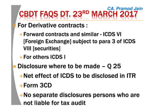 CBDT FAQS DT. 23CBDT FAQS DT. 23CBDT FAQS DT. 23CBDT FAQS DT. 23RDRDRDRD MARCH 2017MARCH 2017MARCH 2017MARCH 2017
For Derivative contracts :For Derivative contracts :For Derivative contracts :For Derivative contracts :
Forward contracts and similarForward contracts and similarForward contracts and similarForward contracts and similar ---- ICDS VIICDS VIICDS VIICDS VI
[Foreign Exchange] subject to para 3 of ICDS[Foreign Exchange] subject to para 3 of ICDS[Foreign Exchange] subject to para 3 of ICDS[Foreign Exchange] subject to para 3 of ICDS
VIII [securities]VIII [securities]VIII [securities]VIII [securities]
For others ICDS IFor others ICDS IFor others ICDS IFor others ICDS I
DisclosureDisclosureDisclosureDisclosure where to be madewhere to be madewhere to be madewhere to be made –––– Q 25Q 25Q 25Q 25
Net effect of ICDS to be disclosed inNet effect of ICDS to be disclosed inNet effect of ICDS to be disclosed inNet effect of ICDS to be disclosed in ITRITRITRITR
Form 3CDForm 3CDForm 3CDForm 3CD
No separate disclosures persons who areNo separate disclosures persons who areNo separate disclosures persons who areNo separate disclosures persons who are
not liable for taxnot liable for taxnot liable for taxnot liable for tax auditauditauditaudit
CA. Pramod Jain
 