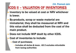 ICDS IIICDS IIICDS IIICDS II –––– VALUATION OF INVENTORIESVALUATION OF INVENTORIESVALUATION OF INVENTORIESVALUATION OF INVENTORIES
Inventory to be valued at cost or NRV whicheverInventory to be valued at cost or NRV whicheverInventory to be valued at cost or NRV whicheverInventory to be valued at cost or NRV whichever
is lower.is lower.is lower.is lower.
ByByByBy----products, scrap or waste material areproducts, scrap or waste material areproducts, scrap or waste material areproducts, scrap or waste material are
immaterial, they shall be measured atimmaterial, they shall be measured atimmaterial, they shall be measured atimmaterial, they shall be measured at NRV andNRV andNRV andNRV and
this value shall be deducted from the cost of thethis value shall be deducted from the cost of thethis value shall be deducted from the cost of thethis value shall be deducted from the cost of the
main product.main product.main product.main product.
Does not include WIP dealt by other ICDS.Does not include WIP dealt by other ICDS.Does not include WIP dealt by other ICDS.Does not include WIP dealt by other ICDS.
Cost of inventories to include:Cost of inventories to include:Cost of inventories to include:Cost of inventories to include:
Cost of purchases;Cost of purchases;Cost of purchases;Cost of purchases;
Includes all duties & taxes . AS 2 excludes refundableIncludes all duties & taxes . AS 2 excludes refundableIncludes all duties & taxes . AS 2 excludes refundableIncludes all duties & taxes . AS 2 excludes refundable
from taxing authoritiesfrom taxing authoritiesfrom taxing authoritiesfrom taxing authorities
CA. Pramod Jain
 