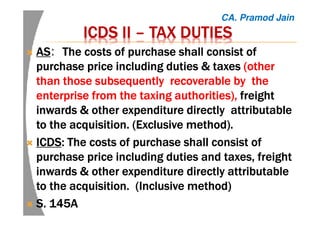 ICDS IIICDS IIICDS IIICDS II –––– TAX DUTIESTAX DUTIESTAX DUTIESTAX DUTIES
ASASASAS: The costs of purchase shall consist ofThe costs of purchase shall consist ofThe costs of purchase shall consist ofThe costs of purchase shall consist of
purchase price including dutiespurchase price including dutiespurchase price including dutiespurchase price including duties &&&& taxestaxestaxestaxes (other(other(other(other
than those subsequently recoverable by thethan those subsequently recoverable by thethan those subsequently recoverable by thethan those subsequently recoverable by the
enterprise from the taxing authorities),enterprise from the taxing authorities),enterprise from the taxing authorities),enterprise from the taxing authorities), freightfreightfreightfreight
inwardsinwardsinwardsinwards &&&& other expenditure directly attributableother expenditure directly attributableother expenditure directly attributableother expenditure directly attributable
to the acquisition. (Exclusive method).to the acquisition. (Exclusive method).to the acquisition. (Exclusive method).to the acquisition. (Exclusive method).
ICDSICDSICDSICDS: The costs of purchase shall consist of: The costs of purchase shall consist of: The costs of purchase shall consist of: The costs of purchase shall consist of
purchase price including duties and taxes, freightpurchase price including duties and taxes, freightpurchase price including duties and taxes, freightpurchase price including duties and taxes, freight
inwardsinwardsinwardsinwards & other& other& other& other expenditure directly attributableexpenditure directly attributableexpenditure directly attributableexpenditure directly attributable
to the acquisition. (Inclusive method)to the acquisition. (Inclusive method)to the acquisition. (Inclusive method)to the acquisition. (Inclusive method)
S. 145AS. 145AS. 145AS. 145A
CA. Pramod Jain
 