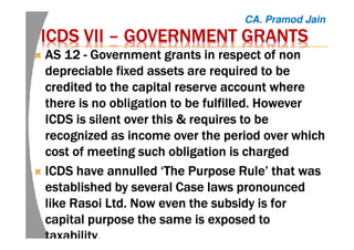 ICDS VIIICDS VIIICDS VIIICDS VII –––– GOVERNMENT GRANTSGOVERNMENT GRANTSGOVERNMENT GRANTSGOVERNMENT GRANTS
AS 12AS 12AS 12AS 12 ---- GovernmentGovernmentGovernmentGovernment grants in respect of nongrants in respect of nongrants in respect of nongrants in respect of non
depreciable fixed assetsdepreciable fixed assetsdepreciable fixed assetsdepreciable fixed assets areareareare required to berequired to berequired to berequired to be
credited to the capital reserve account wherecredited to the capital reserve account wherecredited to the capital reserve account wherecredited to the capital reserve account where
there is no obligation to be fulfilled. Howeverthere is no obligation to be fulfilled. Howeverthere is no obligation to be fulfilled. Howeverthere is no obligation to be fulfilled. However
ICDS is silent over this &ICDS is silent over this &ICDS is silent over this &ICDS is silent over this & requires to berequires to berequires to berequires to be
recognized as income over the period over whichrecognized as income over the period over whichrecognized as income over the period over whichrecognized as income over the period over which
cost of meeting such obligation iscost of meeting such obligation iscost of meeting such obligation iscost of meeting such obligation is chargedchargedchargedcharged
ICDS have annulledICDS have annulledICDS have annulledICDS have annulled ‘The Purpose‘The Purpose‘The Purpose‘The Purpose RRRRule’ule’ule’ule’ that wasthat wasthat wasthat was
established by several Case laws pronouncedestablished by several Case laws pronouncedestablished by several Case laws pronouncedestablished by several Case laws pronounced
likelikelikelike RasoiRasoiRasoiRasoi Ltd. Now even the subsidy is forLtd. Now even the subsidy is forLtd. Now even the subsidy is forLtd. Now even the subsidy is for
capital purpose the same is exposed tocapital purpose the same is exposed tocapital purpose the same is exposed tocapital purpose the same is exposed to
taxabilitytaxabilitytaxabilitytaxability.
CA. Pramod Jain
 