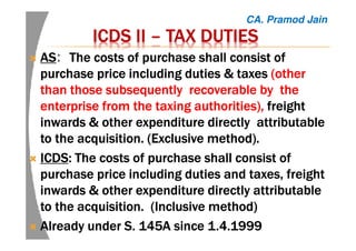 ICDS IIICDS IIICDS IIICDS II –––– TAX DUTIESTAX DUTIESTAX DUTIESTAX DUTIES
ASASASAS: The costs of purchase shall consist ofThe costs of purchase shall consist ofThe costs of purchase shall consist ofThe costs of purchase shall consist of
purchase price including dutiespurchase price including dutiespurchase price including dutiespurchase price including duties &&&& taxestaxestaxestaxes (other(other(other(other
than those subsequently recoverable by thethan those subsequently recoverable by thethan those subsequently recoverable by thethan those subsequently recoverable by the
enterprise from the taxing authorities),enterprise from the taxing authorities),enterprise from the taxing authorities),enterprise from the taxing authorities), freightfreightfreightfreight
inwardsinwardsinwardsinwards &&&& other expenditure directly attributableother expenditure directly attributableother expenditure directly attributableother expenditure directly attributable
to the acquisition. (Exclusive method).to the acquisition. (Exclusive method).to the acquisition. (Exclusive method).to the acquisition. (Exclusive method).
ICDSICDSICDSICDS: The costs of purchase shall consist of: The costs of purchase shall consist of: The costs of purchase shall consist of: The costs of purchase shall consist of
purchase price including duties and taxes, freightpurchase price including duties and taxes, freightpurchase price including duties and taxes, freightpurchase price including duties and taxes, freight
inwardsinwardsinwardsinwards & other& other& other& other expenditure directly attributableexpenditure directly attributableexpenditure directly attributableexpenditure directly attributable
to the acquisition. (Inclusive method)to the acquisition. (Inclusive method)to the acquisition. (Inclusive method)to the acquisition. (Inclusive method)
Already under SAlready under SAlready under SAlready under S.... 145A since 1.4.1999145A since 1.4.1999145A since 1.4.1999145A since 1.4.1999
CA. Pramod Jain
 