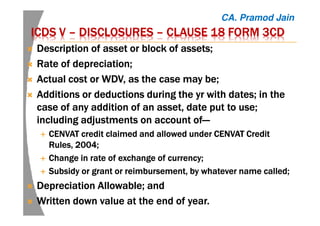 ICDS VICDS VICDS VICDS V –––– DISCLOSURESDISCLOSURESDISCLOSURESDISCLOSURES –––– CLAUSE 18 FORM 3CDCLAUSE 18 FORM 3CDCLAUSE 18 FORM 3CDCLAUSE 18 FORM 3CD
DescriptionDescriptionDescriptionDescription of asset or block of assets;of asset or block of assets;of asset or block of assets;of asset or block of assets;
RateRateRateRate of depreciation;of depreciation;of depreciation;of depreciation;
ActualActualActualActual cost orcost orcost orcost or WDV,WDV,WDV,WDV, as the case may be;as the case may be;as the case may be;as the case may be;
AdditionsAdditionsAdditionsAdditions or deductions during theor deductions during theor deductions during theor deductions during the yryryryr with dates; in thewith dates; in thewith dates; in thewith dates; in the
case of any addition of an asset, date put to use;case of any addition of an asset, date put to use;case of any addition of an asset, date put to use;case of any addition of an asset, date put to use;
including adjustments on account ofincluding adjustments on account ofincluding adjustments on account ofincluding adjustments on account of————
CENVAT creditCENVAT creditCENVAT creditCENVAT credit claimed and allowed underclaimed and allowed underclaimed and allowed underclaimed and allowed under CENVATCENVATCENVATCENVAT CreditCreditCreditCredit
Rules, 2004;Rules, 2004;Rules, 2004;Rules, 2004;
ChangeChangeChangeChange in rate of exchange of currency;in rate of exchange of currency;in rate of exchange of currency;in rate of exchange of currency;
SubsidySubsidySubsidySubsidy or grant or reimbursement, by whatever name called;or grant or reimbursement, by whatever name called;or grant or reimbursement, by whatever name called;or grant or reimbursement, by whatever name called;
DepreciationDepreciationDepreciationDepreciation Allowable; andAllowable; andAllowable; andAllowable; and
WrittenWrittenWrittenWritten down value at the end of year.down value at the end of year.down value at the end of year.down value at the end of year.
CA. Pramod Jain
 