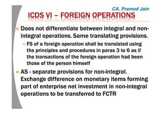 ICDS VIICDS VIICDS VIICDS VI –––– FOREIGN OPERATIONSFOREIGN OPERATIONSFOREIGN OPERATIONSFOREIGN OPERATIONS
DoesDoesDoesDoes not differentiate between integral and nonnot differentiate between integral and nonnot differentiate between integral and nonnot differentiate between integral and non----
integral operationsintegral operationsintegral operationsintegral operations.... Same translatingSame translatingSame translatingSame translating provisions.provisions.provisions.provisions.
FS of a foreign operation shall be translated usingFS of a foreign operation shall be translated usingFS of a foreign operation shall be translated usingFS of a foreign operation shall be translated using
the principles and procedures in paras 3 to 6 as ifthe principles and procedures in paras 3 to 6 as ifthe principles and procedures in paras 3 to 6 as ifthe principles and procedures in paras 3 to 6 as if
the transactions of the foreign operation had beenthe transactions of the foreign operation had beenthe transactions of the foreign operation had beenthe transactions of the foreign operation had been
those of the personthose of the personthose of the personthose of the person himselfhimselfhimselfhimself
ASASASAS ---- separate provisions for nonseparate provisions for nonseparate provisions for nonseparate provisions for non----integral.integral.integral.integral.
Exchange difference on monetary items formingExchange difference on monetary items formingExchange difference on monetary items formingExchange difference on monetary items forming
part of enterprise net investment in nonpart of enterprise net investment in nonpart of enterprise net investment in nonpart of enterprise net investment in non----integralintegralintegralintegral
operations to be transferred to FCTRoperations to be transferred to FCTRoperations to be transferred to FCTRoperations to be transferred to FCTR
CA. Pramod Jain
 