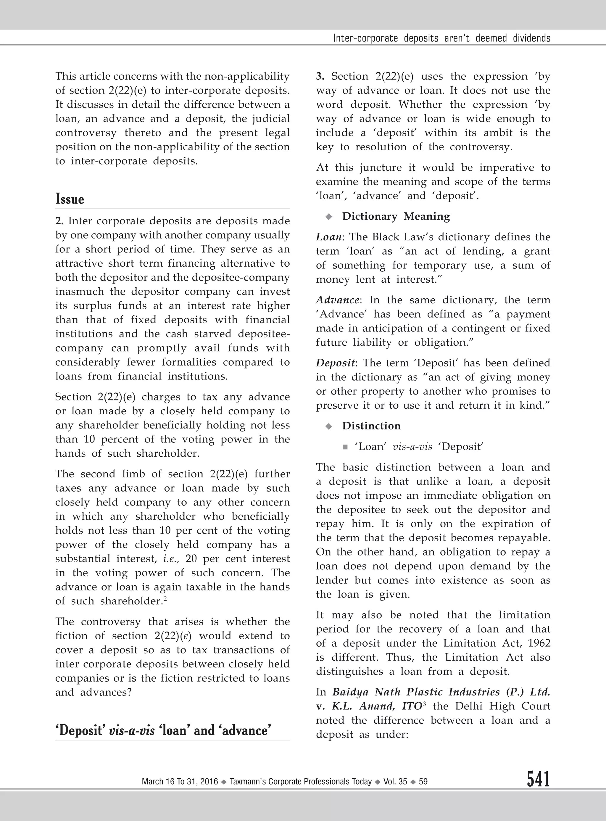 Inter-Corporate deposits are'nt deemed dividends - An Analysis | PDF