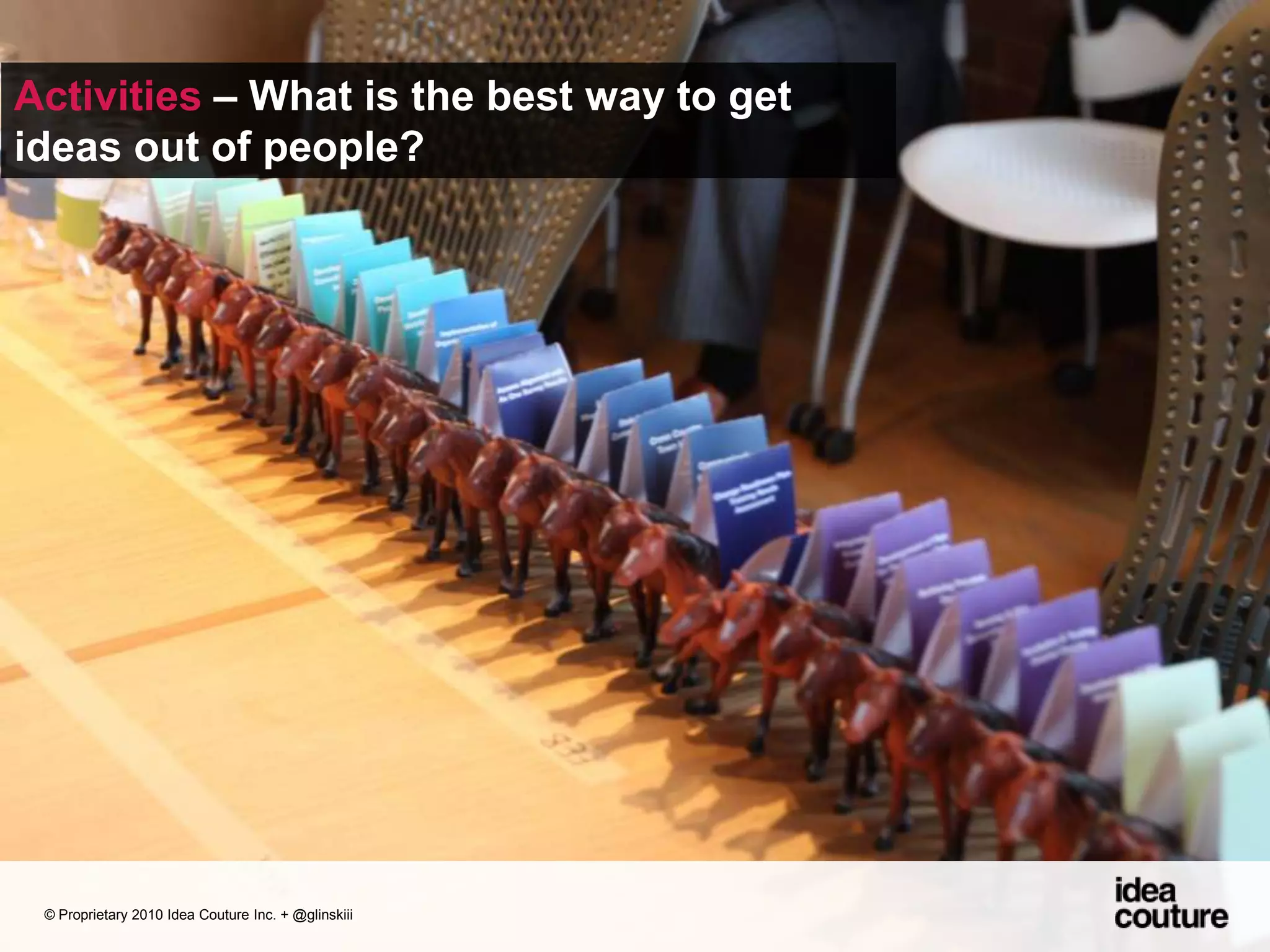 Activities – What is the best way to get ideas out of people?© Proprietary 2010 Idea Couture Inc. + @glinskiii