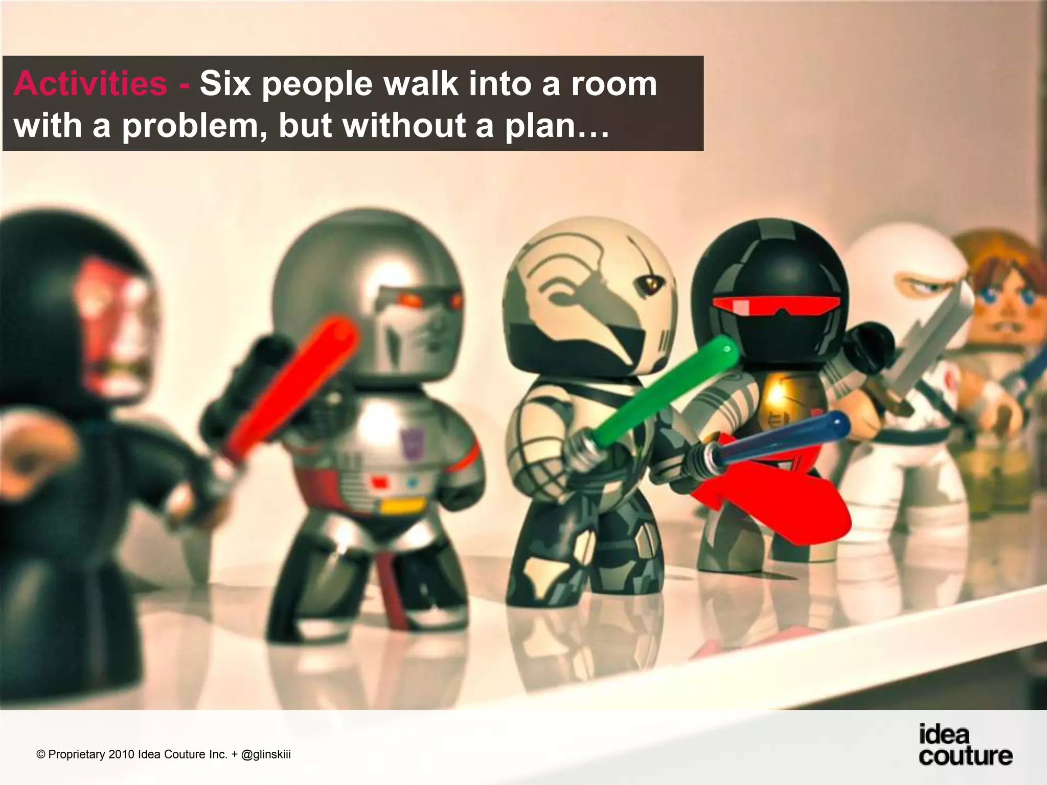 Activities - Six people walk into a room with a problem, but without a plan… © Proprietary 2010 Idea Couture Inc. + @glinskiii