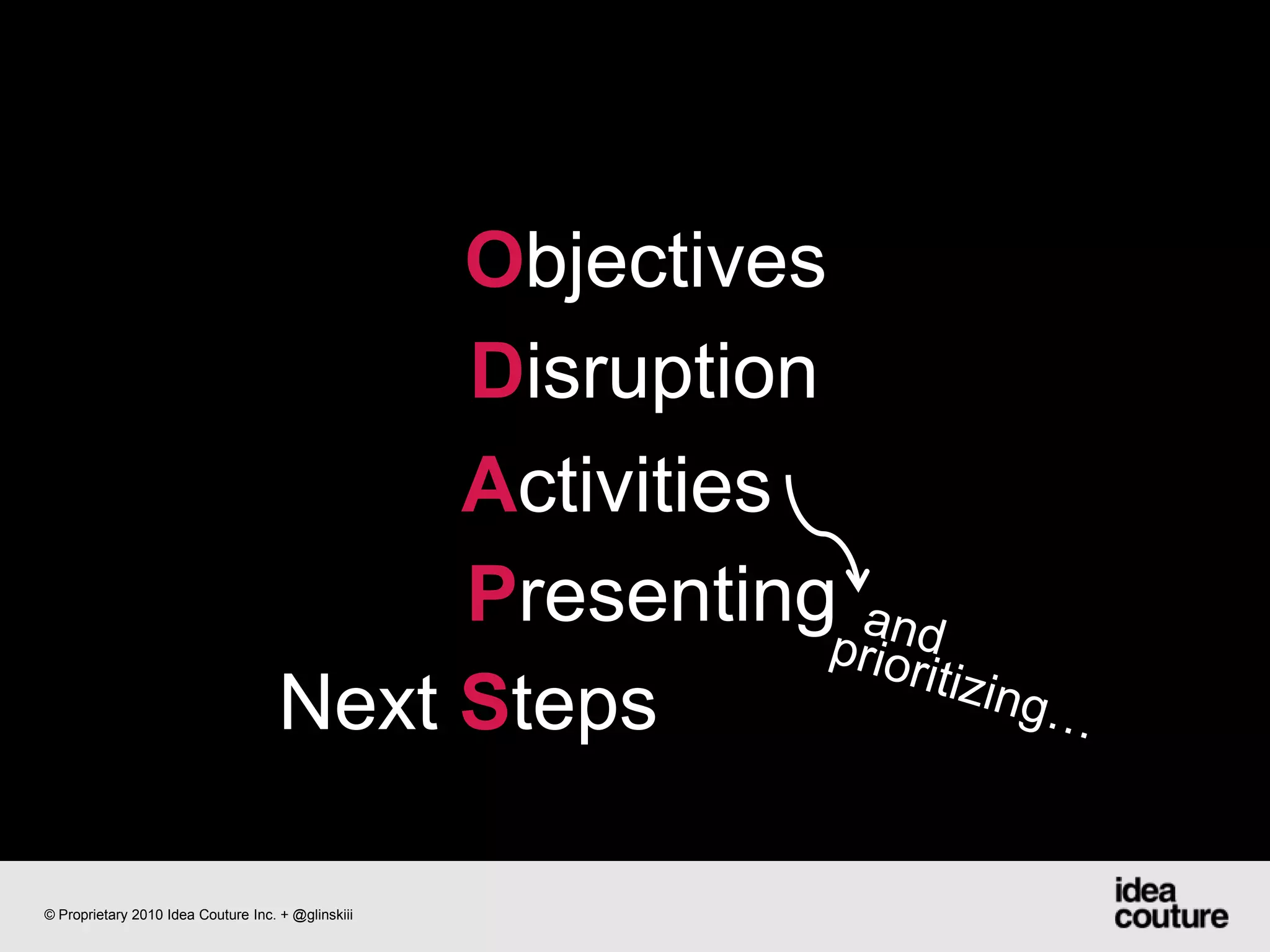 ObjectivesDisruption  ActivitiesPresentingand prioritizing… Next Steps© Proprietary 2010 Idea Couture Inc. + @glinskiii