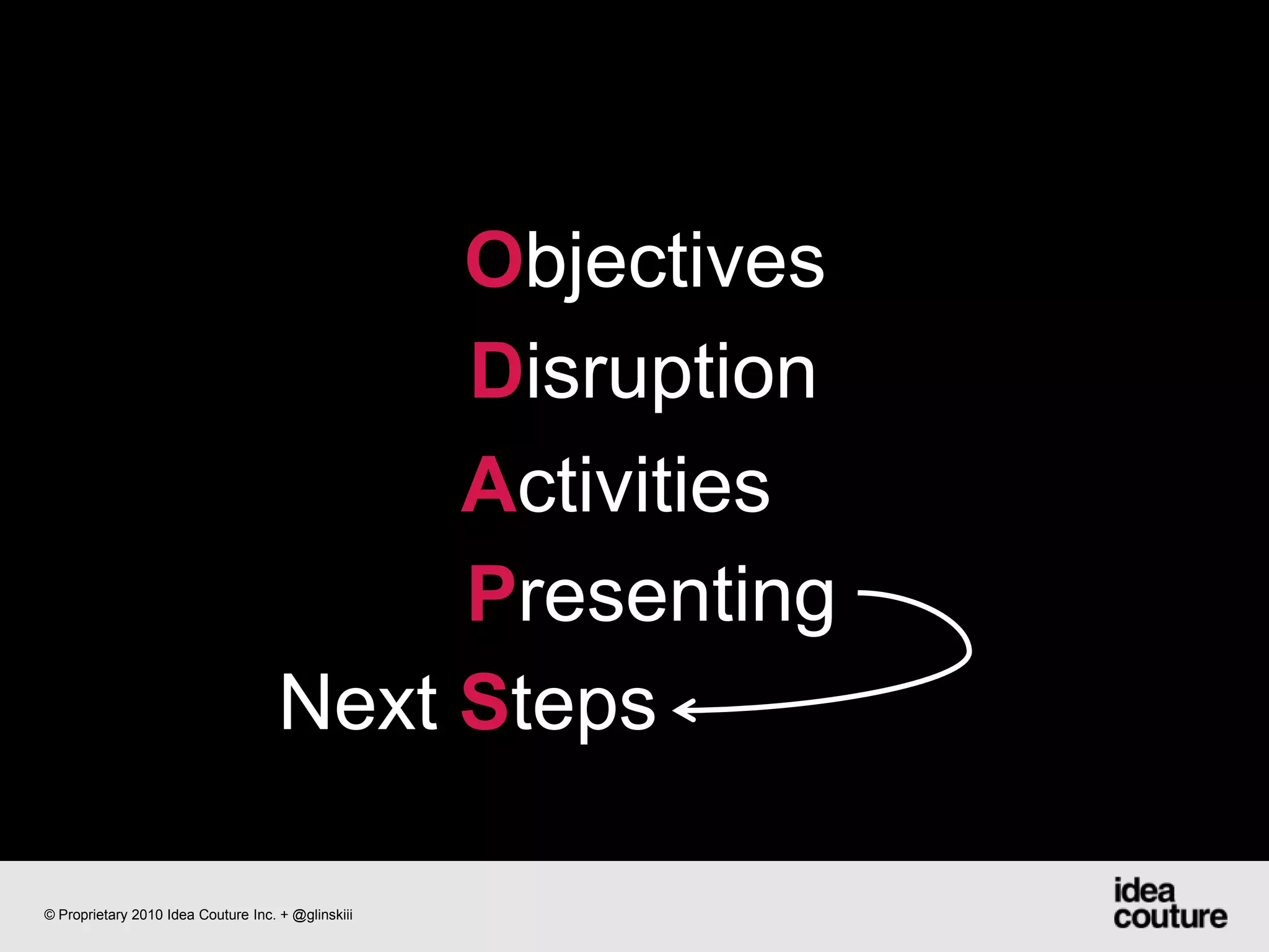 ObjectivesDisruption  ActivitiesPresentingNext Steps© Proprietary 2010 Idea Couture Inc. + @glinskiii