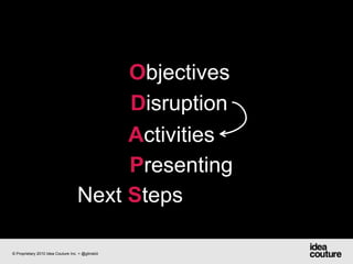 ObjectivesDisruption  ActivitiesPresentingNext Steps© Proprietary 2010 Idea Couture Inc. + @glinskiii