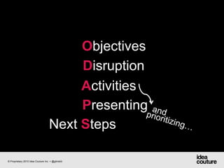 ObjectivesDisruption  ActivitiesPresentingand prioritizing… Next Steps© Proprietary 2010 Idea Couture Inc. + @glinskiii