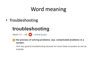 Word meaning
• Troubleshooting
 