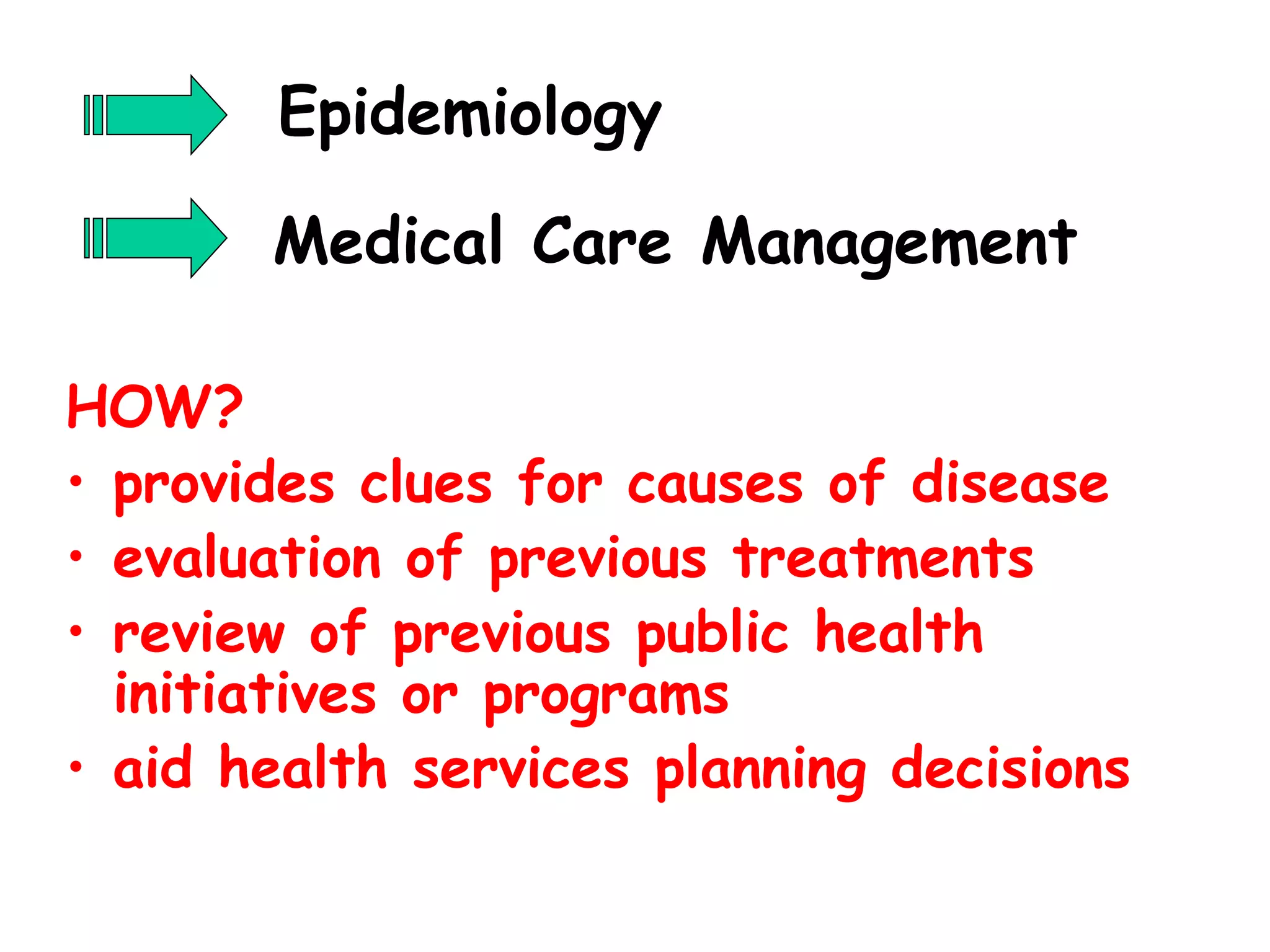 Epidemiology

       Medical Care Management

HOW?
• provides clues for causes of disease
• evaluation of previous treatments
• review of previous public health
  initiatives or programs
• aid health services planning decisions
 