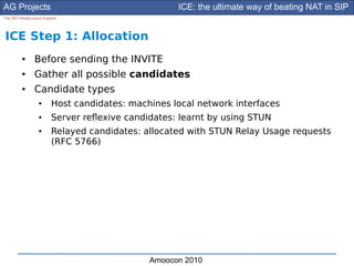 AG Projects                                           ICE: the ultimate way of beating NAT in SIP
The SIP Infrastructure Experts




ICE Step 1: Allocation
          ●      Before sending the INVITE
          ●      Gather all possible candidates
          ●      Candidate types
                    ●      Host candidates: machines local network interfaces
                    ●      Server refexive candidates: learnt by using STUN
                    ●      Relayed candidates: allocated with STUN Relay Usage requests
                           (RFC 5766)




                                                Amoocon 2010
 