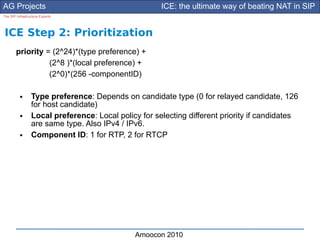 AG Projects                                           ICE: the ultimate way of beating NAT in SIP
The SIP Infrastructure Experts




ICE Step 2: Prioritization
        priority = (2^24)*(type preference) +
                  (2^8 )*(local preference) +
                  (2^0)*(256 -componentID)

          ●      Type preference: Depends on candidate type (0 for relayed candidate, 126
                 for host candidate)
          ●      Local preference: Local policy for selecting different priority if candidates
                 are same type. Also IPv4 / IPv6.
          ●      Component ID: 1 for RTP, 2 for RTCP




                                              Amoocon 2010
 