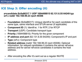 AG Projects                                       ICE: the ultimate way of beating NAT in SIP
The SIP Infrastructure Experts




ICE Step 3: Ofer encoding (II)
       a=candidate:Sc0a86317 1 UDP 1694498815 62.131.6.55 64249 typ
       srf x raddr 192.168.99.23 rport 49306
         l

         ●      Foundation (Sc0a86317): Unique identif er for each candidate of the
                                                          i
                same type, same interface and STUN server (if applicable)
         ●      Component ID (1): Identif er, 1 for RTP, 2 for RTCP
                                           i
         ●      Transport (UDP): Candidate transport type
         ●      Priority (1694498815): Priority for the given component
         ●      IP address and port (62.131.6.55 64249): Component's IP and port
         ●      Type (srf x): Component type
                         l
         ●      Related address (raddr 192.168.99.23 rport 49306): Optional
                information: for relayed candidates it contains the server ref exive
                                                                             l
                address and for server ref exive candidates it contains the host
                                          l
                address.

         ●      After encoding the offer it's sent out as a regular INVITE
                                           Amoocon 2010
 