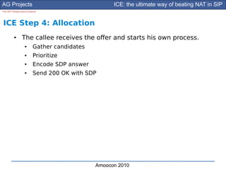 AG Projects                                          ICE: the ultimate way of beating NAT in SIP
The SIP Infrastructure Experts




ICE Step 4: Allocation
          ●      The callee receives the ofer and starts his own process.
                    ●      Gather candidates
                    ●      Prioritize
                    ●      Encode SDP answer
                    ●      Send 200 OK with SDP




                                               Amoocon 2010
 