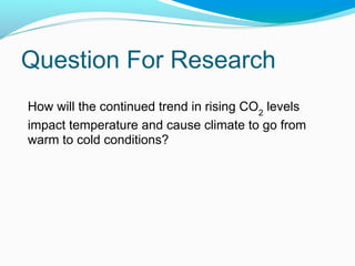 Question For Research
How will the continued trend in rising CO2
levels
impact temperature and cause climate to go from
warm to cold conditions?
 