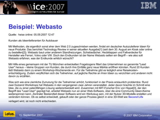 Beispiel: Webasto Quelle:  heise online: 05.09.2007 12:47  Kunden als Ideenlieferanten für Autobauer  Mit Methoden, die eigentlich sonst eher dem Web 2.0 zugeschrieben werden, findet ein deutscher Autozulieferer Ideen für neue Produkte. Das berichtet Technology Review in seiner aktuellen Ausgabe[1] (seit dem 30. August am Kiosk oder online zu bestellen[2]). Webasto baut unter anderem Standheizungen, Schiebedächer, Heckklappen und Faltverdecke für Hersteller wie Ferrari, Volvo oder VW. Doch den Endkunden ist der Name Webasto selten ein Begriff – wie also soll Webasto erfahren, was der Endkunde wirklich wünscht?  Mit Hilfe eines gemeinsam mit der TU München entwickelten Fragebogens filtert das Unternehmen so genannte "Lead User" heraus – kleine Gruppen von Kunden, die durch ihre Einfälle ganz neue Märkte eröffnen könnten. Rund 20 Kunden lädt Webasto dann zu einem Workshop-Wochenende ein. Für die Teilnahme gibt es lediglich eine Reisekosten- entschädigung. Zudem verpflichten sich die Teilnehmer, auf jegliche Rechte an ihren Ideen zu verzichten und anderen nicht davon zu erzählen.  Was sich wie eine ziemliche Zumutung für die Teilnehmer anhört, funktioniert in der Praxis erstaunlich problemlos: Rund zwei Dutzend Workshops hat Webasto in den vergangenen zwei Jahren veranstaltet. Jeder davon brachte im Schnitt eine Idee, die zu einer patentfähigen Lösung weiterentwickelt wird. Zusammen mit MIT-Forscher Eric von Hippel[3], der den Begriff des "Lead User" geprägt hat, arbeitet Webasto nun an einer Web-Software, über die eine Community Ideen-Keime weiterspinnen kann. Zentraler Bestandteil dieser Software wird ein Werkzeug sein, mit der Nutzer 3D-Modelle erstellen und verändern können. Ob es selbst entwickelt, gekauft oder der ganze Prozess gleich in eine 3D-Welt wie  Second Life  verlagert wird, ist noch nicht entschieden. / 