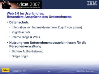 Web 2.0 im Userland vs.  Besondere Ansprüche des Unternehmens Datenschutz Integration von Intranetdaten (kein Zugriff von extern) Zugriffsschutz Interne Blogs & Wikis Nutzung von Unternehmensverzeichnissen für die Personenverwaltung Sichere Authentisierung  Single Login 