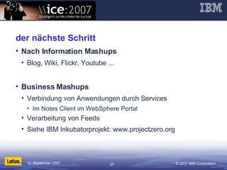 der nächste Schritt Nach Information Mashups Blog, Wiki, Flickr, Youtube ... Business Mashups Verbindung von Anwendungen durch Services Im Notes Client im WebSphere Portal Verarbeitung von Feeds Siehe IBM Inkubatorprojekt: www.projectzero.org 