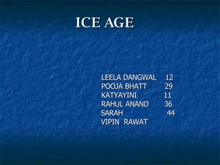 ICE   AGE LEELA DANGWAL  12  POOJA BHATT  29 KATYAYINI  11 RAHUL ANAND  36   SARAH   44   VIPIN  RAWAT 