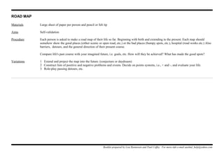 ROAD MAP
Materials Large sheet of paper per person and pencil or felt tip
Aims Self-validation
Procedure Each person is asked to make a road map of their life so far. Beginning with birth and extending to the present. Each map should
somehow show the good places (either scenic or open road, etc.) or the bad places (bumpy spots, etc.), hospital (road works etc.) Also
barriers, detours, and the general direction of their present course.
Compare life's past course with your imagined future, i.e. goals, etc. How will they be achieved? What has made the good spots?
Variations 1 Extend and project the map into the future. (conjecture or daydream)
2 Construct lists of positive and negative problems and events. Decide on points systems, i.e., + and -, and evaluate your life.
3 Role-play passing detours, etc.
Booklet prepared by Lisa Renneisen and Paul Coffey. For more info e-mail auslmd_help@yahoo.com
 