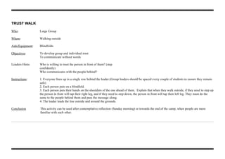 TRUST WALK
Who: Large Group
Where: Walking outside
Aids/Equipment: Blindfolds
Objectives: To develop group and individual trust
To communicate without words
Leaders Hints: Who is willing to trust the person in front of them? (step
confidently)
Who communicates with the people behind?
Instructions: 1. Everyone lines up in a single row behind the leader.(Group leaders should be spaced every couple of students to ensure they remain
safe)
2. Each person puts on a blindfold.
3. Each person puts their hands on the shoulders of the one ahead of them. Explain that when they walk outside, if they need to step up
the person in front will tap their right leg, and if they need to step down, the person in front will tap their left leg. They must do the
same to the people behind them and pass the message along.
4. The leader leads the line outside and around the grounds.
Conclusion This activity can be used after contemplative reflection (Sunday morning) or towards the end of the camp, when people are more
familiar with each other.
 