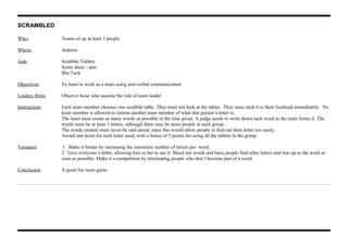 SCRAMBLED
Who: Teams of up at least 3 people
Where: Indoors
Aids Scrabble Tablets
Score sheet – pen
Blu-Tack
Objectives To learn to work as a team using non-verbal communication
Leaders Hints Observe those who assume the role of team leader
Instructions Each team member chooses one scrabble table. They must not look at the tablet. They must stick it to their forehead immediately. No
team member is allowed to inform another team member of what that person’s letter is.
The team must create as many words as possible in the time given. A judge needs to write down each word as the team forms it. The
words must be at least 3 letters, although there may be more people in each group.
The words created must never be said aloud, since this would allow people to find out their letter too easily.
Award one point for each letter used, with a bonus of 5 points for using all the tablets in the group.
Variation 1 Make it harder by increasing the minimum number of letters per word.
2 Give everyone a letter, allowing him or her to see it. Shout out words and have people find other letters and line up as the word as
soon as possible. Make it a competition by eliminating people who don’t become part of a word.
Conclusion A good fun team game.
 