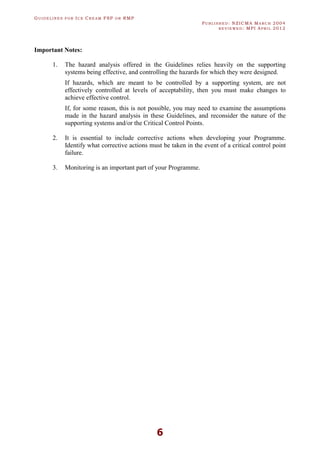 GU I D E L I N E S F O R IC E CR E A M FSP O R RMP
PU B L I S H E D : NZICMA MA R C H 2004
R E V I E W E D : MPI AP R I L 2012
6
Important Notes:
1. The hazard analysis offered in the Guidelines relies heavily on the supporting
systems being effective, and controlling the hazards for which they were designed.
If hazards, which are meant to be controlled by a supporting system, are not
effectively controlled at levels of acceptability, then you must make changes to
achieve effective control.
If, for some reason, this is not possible, you may need to examine the assumptions
made in the hazard analysis in these Guidelines, and reconsider the nature of the
supporting systems and/or the Critical Control Points.
2. It is essential to include corrective actions when developing your Programme.
Identify what corrective actions must be taken in the event of a critical control point
failure.
3. Monitoring is an important part of your Programme.
 