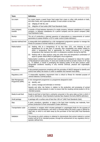 GU I D E L I N E S F O R IC E CR E A M FSP O R RMP
PU B L I S H E D : NZICMA MA R C H 2004
R E V I E W E D : MPI AP R I L 2012
102
Term Definition
Ice cream Ice cream means a sweet frozen food made from cream or other milk products or both,
and other foods, and is generally aerated. It must contain no less than
(a) 100g/kg of milk fat; and
(b) 168g/litre of food solids (ANZ Food Standards Code).
Intra company
transfer
A transfer of food between elements of a single company, between subsidiaries of a parent
company, or between subsidiaries of a parent company and the parent company (ANZ
Food Standards Code).
Monitor The act of conducting a planned sequence of observations or measurements of control
parameters to assess whether a CCP is under control (Codex definition).
Operator-defined limit A measurable limit established by a risk management programme operator to manage the
fitness for purpose of animal material or animal product.
Pasteurisation (a) Heating milk to a temperature of no less than 72o
C, and retaining at such
temperature for no less than 15 seconds, then immediately and rapidly cooling to
either a temperature that is appropriate for further processing, or a storage
temperature that maintains the milk in a wholesome condition during its shelf life.
(b) Heating milk or dairy produce using any other time and temperature combination of
equal or greater lethal effect on pathogenic micro-organisms.
Pasteurisation conditions, as defined heat treatments, are designed to reduce the number
of Mycobacterium tuberculosis, M. bovis and Coxiella burnetii by at least a factor of 105
(log
5). In addition, it results in prolonging the keeping quality of the dairy produce under
refrigerated conditions resulting in only minimal chemical, physical and organoleptic
changes.
Programme A documented programme complying with the principles of HACCP designed to identify and
control food safety risk factors in order to establish and maintain food safety.
Regulatory Limit A measurable regulatory requirement that is critical to fitness for intended purpose of
animal material or animal product.
Risk Management
Programme (RMP)
A risk management programme is a programme designed to both -
(a) identify; and
(b) control, manage and eliminate or minimise -
Hazards and other risk factors in relation to the production and processing of animal
material and animal products in order to ensure that the resulting animal product is fit for
intended purpose.
Ready-to-eat-food Ready-to-eat-food is food that is ordinarily consumed in the same state as that in which it
is sold or distributed. (Food Standards Australia New Zealand (formerly ANZFA) definition)
Small package A package with a surface area of less than 100 cm2
(ANZ Food Standards Code).
Step A point, procedure, operation, or stage in the food chain including raw materials, from
primary production to final consumption (Codex definition).
Transportation outer A container or wrapper which encases packaged or unpackaged foods for the purpose of
transportation and distribution, and which is removed before the food is used or offered for
retail sale, or which is not taken away by the purchaser of the food (ANZ Food Standards
Code).
Validation The process by which evidence is obtained to demonstrate that animal material or animal
product will be fit for intended purpose, through the achievement of any regulatory limit or
operator defined limit.
 