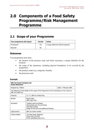 GU I D E L I N E S F O R IC E CR E A M FSP O R RMP
PU B L I S H E D : NZICMA MA R C H 2004
R E V I E W E D : MPI AP R I L 2012
7
2.0 Components of a Food Safety
Programme/Risk Management
Programme
2.1 Scope of your Programme
Your programme will require Yes/No Action
Procedures? Yes A scope statement shall be prepared.
Records? No
Outcomes
Your programme must state:
· the location of the premises used, and where necessary, a unique identifier for the
location;
· the scope of the operations, including physical boundaries, to be covered by the
programme;
· the products made (e.g. categories, brands);
· the processes used.
Example
ABC Ice Cream Company Ltd
Scope Statement
Prepared by J Wilson Date: 1 February 2003
The following are the details of the scope of the Programme for the manufacture of ice cream at
ABC Ice Cream Ltd.
Products: 5 l, 2 l, 500 ml, novelty lines
Brands: Brent’s Best
ABC Super Cool
Processes: Treated cream purchased
All processes are mix and freeze
Chocolate coating
Range of fruit and nuts added pre-freezing
Legal owners: ABC Ice Cream Limited
Contact details: 123 Main Road, Masterton
Phone (06) 123-4567
Email: jack@abccream.co.nz
 