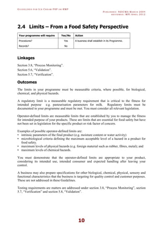 GU I D E L I N E S F O R IC E CR E A M FSP O R RMP
PU B L I S H E D : NZICMA MA R C H 2004
R E V I E W E D : MPI AP R I L 2012
10
2.4 Limits – From a Food Safety Perspective
Your programme will require Yes/No Action
Procedures? Yes A business shall establish in its Programme.
Records? No
Linkages
Section 3.8, “Process Monitoring”.
Section 5.6, “Validation”.
Section 5.7, “Verification”.
Outcomes
The limits in your programme must be measurable criteria, where possible, for biological,
chemical, and physical hazards.
A regulatory limit is a measurable regulatory requirement that is critical to the fitness for
intended purpose e.g. pasteurisation parameters for milk. Regulatory limits must be
documented in your programme and must be met. You must consider all relevant legislation.
Operator-defined limits are measurable limits that are established by you to manage the fitness
for intended purpose of your products. These are limits that are essential for food safety but have
not been set in legislation for the specific product or risk factor of concern.
Examples of possible operator-defined limits are:
• intrinsic parameters of the final product (e.g. moisture content or water activity)
• microbiological criteria defining the maximum acceptable level of a hazard in a product for
food safety.
• maximum levels of physical hazards (e.g. foreign material such as rubber, fibres, metal); and
• maximum levels of chemical hazards.
You must demonstrate that the operator-defined limits are appropriate to your product,
considering its intended use, intended consumer and expected handling after leaving your
control.
A business may also prepare specifications for other biological, chemical, physical, sensory and
functional characteristics that the business is targeting for quality control and customer purposes.
These are not addressed in these Guidelines.
Testing requirements are matters are addressed under section 3.8, “Process Monitoring”, section
5.7, “Verification” and section 5.8, “Validation”.
 