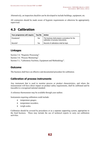 GU I D E L I N E S F O R IC E CR E A M FSP O R RMP
PU B L I S H E D : NZICMA MA R C H 2004
R E V I E W E D : MPI AP R I L 2012
62
Alternatively, an inspection checklist can be developed to include buildings, equipment, etc.
All contractors should be made aware of hygienic requirements or otherwise be appropriately
supervised.
4.3 Calibration
Your programme will require Yes/No Action
Procedures? Yes The business shall prepare a procedure for the
calibration of process instruments.
Records? Yes Records of calibrations shall be kept.
Linkages
Section 3.4, “Hygienic Processing”.
Section 3.8, “Process Monitoring”.
Section 5.1, “Laboratory Facilities, Equipment and Methodology”.
Outcome
The business shall have an effective and documented procedure for calibration.
Calibration of process instruments
Any instrument that is used to monitor process or product characteristics, and where the
measurement will have direct impact on product safety requirements, shall be calibrated and be
traceable to a recognised national standard.
A reference thermometer may be available through your auditor.
Instruments requiring calibration could include:
· temperature gauges;
· temperature recorders;
· weigh scales.
Calibration should be covered by procedures or as a separate supporting system, appropriate to
the food business. These may include the use of technical experts to carry out calibration
activities.
 