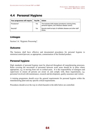 GU I D E L I N E S F O R IC E CR E A M FSP O R RMP
PU B L I S H E D : NZICMA MA R C H 2004
R E V I E W E D : MPI AP R I L 2012
64
4.4 Personal Hygiene
Your programme will require Yes/No Action
Procedures? Yes The business shall prepare procedures covering dress,
personal hygiene, and infectious disease control.
Records? Yes Records shall be kept of notifiable diseases and other staff
illness.
Linkages
Section 3.4, “Hygienic Processing”.
Outcome
The business shall have effective and documented procedures for personal hygiene to
minimise/control/prevent, as appropriate, contamination of the finished product.
Personal hygiene
High standards of personal hygiene must be observed throughout all manufacturing processes.
Rules covering the movement of personnel between work areas should be in place where
appropriate, e.g. in moving from raw to cooked areas. It is the responsibility of managers and
supervisors to ensure all persons are aware of, and comply with, these requirements, e.g.
personnel involved with maintenance, research and development, quality assurance and visitors.
A training programme should cover the general requirements for personal hygiene within the
manufacturing plant and any specific critical requirements.
Procedures should cover the way in which hazards in the table below are controlled.
 