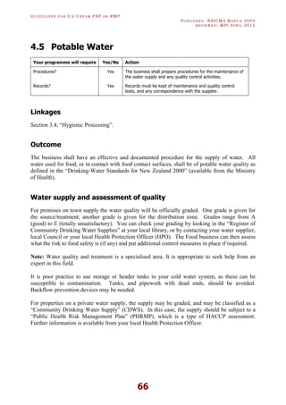 GU I D E L I N E S F O R IC E CR E A M FSP O R RMP
PU B L I S H E D : NZICMA MA R C H 2004
R E V I E W E D : MPI AP R I L 2012
66
4.5 Potable Water
Your programme will require Yes/No Action
Procedures? Yes The business shall prepare procedures for the maintenance of
the water supply and any quality control activities.
Records? Yes Records must be kept of maintenance and quality control
tests, and any correspondence with the supplier.
Linkages
Section 3.4, “Hygienic Processing”.
Outcome
The business shall have an effective and documented procedure for the supply of water. All
water used for food, or in contact with food contact surfaces, shall be of potable water quality as
defined in the “Drinking-Water Standards for New Zealand 2000” (available from the Ministry
of Health).
Water supply and assessment of quality
For premises on town supply the water quality will be officially graded. One grade is given for
the source/treatment; another grade is given for the distribution zone. Grades range from A
(good) to E (totally unsatisfactory). You can check your grading by looking in the “Register of
Community Drinking Water Supplies” at your local library, or by contacting your water supplier,
local Council or your local Health Protection Officer (HPO). The Food business can then assess
what the risk to food safety is (if any) and put additional control measures in place if required.
Note: Water quality and treatment is a specialised area. It is appropriate to seek help from an
expert in this field.
It is poor practice to use storage or header tanks in your cold water system, as these can be
susceptible to contamination. Tanks, and pipework with dead ends, should be avoided.
Backflow prevention devices may be needed.
For properties on a private water supply, the supply may be graded, and may be classified as a
“Community Drinking Water Supply” (CDWS). In this case, the supply should be subject to a
“Public Health Risk Management Plan” (PHRMP), which is a type of HACCP assessment.
Further information is available from your local Health Protection Officer.
 