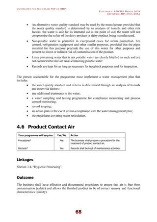 GU I D E L I N E S F O R IC E CR E A M FSP O R RMP
PU B L I S H E D : NZICMA MA R C H 2004
R E V I E W E D : MPI AP R I L 2012
68
· An alternative water quality standard may be used by the manufacturer provided that
the water quality standard is determined by an analysis of hazards and other risk
factors; the water is safe for its intended use at the point of use; the water will not
compromise the safety of the dairy produce or dairy product being manufactured.
· Non-potable water is permitted in exceptional cases for steam production, fire
control, refrigeration equipment and other similar purposes, provided that the pipes
installed for this purpose preclude the use of this water for other purposes and
present no direct or indirect risk of contamination of the product.
· Lines containing water that is not potable water are clearly labelled as such and are
not connected to lines or tanks containing potable water.
· Records are kept for as long as necessary for traceback purposes and for inspection.
The person accountable for the programme must implement a water management plan that
includes:
· the water quality standard and criteria as determined through an analysis of hazards
and other risk factors;
· any additional treatments to the water;
· a water sampling and testing programme for compliance monitoring and process
control monitoring;
· record keeping;
· an action plan in the event of non-compliance with the water management plan;
· the procedures covering water reticulation.
4.6 Product Contact Air
Your programme will require Yes/No Action
Procedures? Yes The business shall prepare a procedure for the
treatment of product contact air.
Records? Yes Records shall be kept of maintenance activities.
Linkages
Section 3.4, “Hygienic Processing”.
Outcome
The business shall have effective and documented procedures to ensure that air is free from
contamination (safety) and allows the finished product to be of correct sensory and functional
characteristics (quality).
 