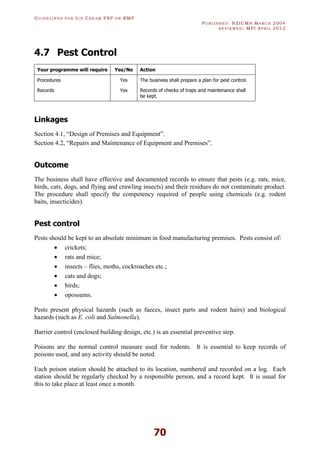 GU I D E L I N E S F O R IC E CR E A M FSP O R RMP
PU B L I S H E D : NZICMA MA R C H 2004
R E V I E W E D : MPI AP R I L 2012
70
4.7 Pest Control
Your programme will require Yes/No Action
Procedures Yes The business shall prepare a plan for pest control.
Records Yes Records of checks of traps and maintenance shall
be kept.
Linkages
Section 4.1, “Design of Premises and Equipment”.
Section 4.2, “Repairs and Maintenance of Equipment and Premises”.
Outcome
The business shall have effective and documented records to ensure that pests (e.g. rats, mice,
birds, cats, dogs, and flying and crawling insects) and their residues do not contaminate product.
The procedure shall specify the competency required of people using chemicals (e.g. rodent
baits, insecticides).
Pest control
Pests should be kept to an absolute minimum in food manufacturing premises. Pests consist of:
· crickets;
· rats and mice;
· insects – flies, moths, cockroaches etc.;
· cats and dogs;
· birds;
· opossums.
Pests present physical hazards (such as faeces, insect parts and rodent hairs) and biological
hazards (such as E. coli and Salmonella).
Barrier control (enclosed building design, etc.) is an essential preventive step.
Poisons are the normal control measure used for rodents. It is essential to keep records of
poisons used, and any activity should be noted.
Each poison station should be attached to its location, numbered and recorded on a log. Each
station should be regularly checked by a responsible person, and a record kept. It is usual for
this to take place at least once a month.
 