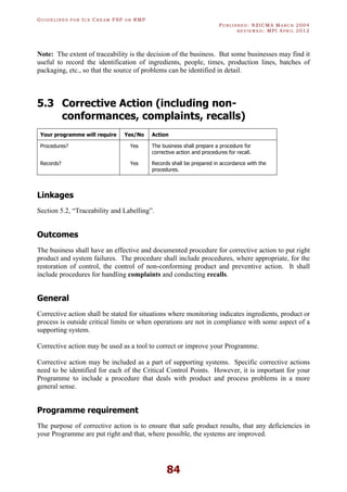 GU I D E L I N E S F O R IC E CR E A M FSP O R RMP
PU B L I S H E D : NZICMA MA R C H 2004
R E V I E W E D : MPI AP R I L 2012
84
Note: The extent of traceability is the decision of the business. But some businesses may find it
useful to record the identification of ingredients, people, times, production lines, batches of
packaging, etc., so that the source of problems can be identified in detail.
5.3 Corrective Action (including non-
conformances, complaints, recalls)
Your programme will require Yes/No Action
Procedures? Yes The business shall prepare a procedure for
corrective action and procedures for recall.
Records? Yes Records shall be prepared in accordance with the
procedures.
Linkages
Section 5.2, “Traceability and Labelling”.
Outcomes
The business shall have an effective and documented procedure for corrective action to put right
product and system failures. The procedure shall include procedures, where appropriate, for the
restoration of control, the control of non-conforming product and preventive action. It shall
include procedures for handling complaints and conducting recalls.
General
Corrective action shall be stated for situations where monitoring indicates ingredients, product or
process is outside critical limits or when operations are not in compliance with some aspect of a
supporting system.
Corrective action may be used as a tool to correct or improve your Programme.
Corrective action may be included as a part of supporting systems. Specific corrective actions
need to be identified for each of the Critical Control Points. However, it is important for your
Programme to include a procedure that deals with product and process problems in a more
general sense.
Programme requirement
The purpose of corrective action is to ensure that safe product results, that any deficiencies in
your Programme are put right and that, where possible, the systems are improved.
 