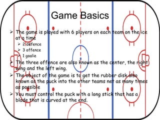 Game Basics The game is played with 6 players on each team on the ice at a time 2 defence 3 offence 1 goalie The three offence are also known as the center, the right wing and the left wing. The object of the game is to get the rubber disk also known as the puck into the other teams net as many times as possible You must control the puck with a long stick that has a blade that is curved at the end. 