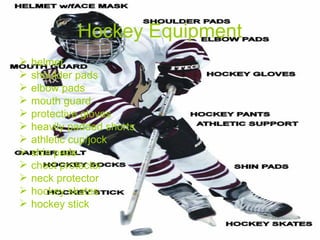 Hockey Equipment helmet shoulder pads elbow pads mouth guard protective gloves heavily padded shorts athletic cup/jock shin pads chest protector neck protector hockey skates hockey stick 