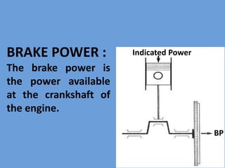 BRAKE POWER :
The brake power is
the power available
at the crankshaft of
the engine.
Indicated Power
BP
 