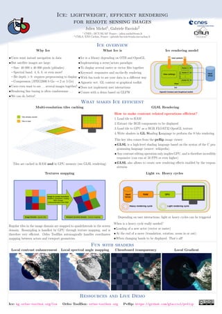 Ice: lightweight, efficient rendering
for remote sensing images
Julien Michel1, Gabriele Facciolo2
1
CNES - DCT/SI/AP, France - julien.michel@cnes.fr
2
CMLA, ENS Cachan, France - gabriele.facciolo@cmla.ens-cachan.fr
Ice overview
Why Ice
•Users want instant navigation in data
•But satellite images are large:
–Size: 40 000 x 40 000 pixels (pléiades)
–Spectral band: 4, 6, 8, or even more!
–Bit depth > 8: requires preprocessing to display
–Compression (JPEG2000 8 Go → 2 or 3 Go)
•Users even want to see . . . several images together!
•Rendering fine tuning is often cumbersome . . .
•We can do better!
What Ice is
•Ice is a library depending on OTB and OpenGL
•Implementing a scene/actors paradigm
•To display several raster or vector files together
•Keyword: responsive and on-the-fly rendering
•With fun tools to see your data in a different way
•Agnostic wrt. GL context or graphical toolkit
•Does not implement user interactions
•Comes with a demo based on GLFW
Ice rendering model
View
Actor 1
Actor 2
Actor N
View settings
Ice
OpenGl Context and Graphical toolkit
...
Hard
drive
Actors
stack
User actions
What makes Ice efficient
Multi-resolution tiles caching
Tiles already cached
Tiles to load
Tiles are cached in RAM and in GPU memory (see GLSL rendering)
GLSL Rendering
How to make contrast related operations efficient?
1.Load tile to RAM
2.Extract the RGB components to be displayed
3.Load tile to GPU as a RGB FLOAT32 OpenGL texture
4.Write shaders in GL Shading Language to perform the 8 bits rendering
This key idea comes from the pvflip image viewer:
•GLSL is a high-level shading language based on the syntax of the C pro-
gramming language (source: wikipedia)
•Any contrast editing operation only implies GPU, and is therefore incredibly
responsive (can run at 50 FPS or even higher)
•GLSL also allows to create new rendering effects enabled by the respon-
siveness
Textures mapping
Image to screen transform
Rotation, translation, scaling
SRS change
Orthorectification with DSM
Image Domain: square tiles Viewport (screen) domain : texture mapping
Regular tiles in the image domain are mapped to quadrilaterals in the screen
domain. Resampling is handled by GPU through texture mapping, and is
therefore very efficient. Orfeo ToolBox automagically handles coordinates
mapping between actors and viewport geometries.
Light vs. Heavy cycles
Hard
Drive
RAM GPU
Heavy rendering cycle Light rendering cycle
Depending on user interactions, light or heavy cycles can be triggered
When is a heavy cycle really needed?
•Loading of a new actor (vector or raster)
•At the end of a move (translation, rotation, zoom in or out)
•When changing bands to be displayed. That’s all!
Fun with shaders
Local contrast enhancement Local spectral angle mapping Chessboard transparency Local Gradient
Ressources and Live Demo
Ice: hg.orfeo-toolbox.org/Ice Orfeo ToolBox: orfeo-toolbox.org Pvflip: https://github.com/gfacciol/pvflip
 