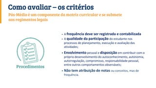 • A frequência deve ser registrada e contabilizada
• A qualidade da participação do estudante nos
processos de planejamento, execução e avaliação das
atividades;
• Envolvimento pessoal e disposição em contribuir com o
próprio desenvolvimento do autoconhecimento, autonomia,
autorregulação, compromisso, responsabilidade pessoal,
entre outros comportamentos observáveis;
• Não tem atribuição de notas ou conceitos, mas de
frequência.
Pós-Médio é um componente da matriz curricular e se submete
aos regimentos legais
Como avaliar – os critérios
 