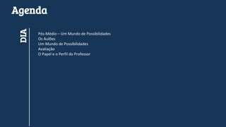 • Pós-Médio – Um Mundo de Possibilidades
• Os Aulões
• Um Mundo de Possibilidades
• Avaliação
• O Papel e o Perfil do Professor
DIA
Agenda
 
