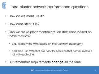 The original problem (2/2)
4iCE: Interactive cloud experimentation in Python
• So network performance (intra-cluster
communication) within the same availability zone is
very interesting and important
Web
Web
DB
Load balancer
DB
Web
Don’t really care
High bandwidthLow latency
 