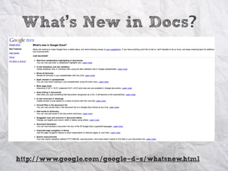 What’s New in Docs?




http://www.google.com/google-d-s/whatsnew.html
 