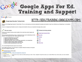 Google Apps For Ed.
Training and Support
    http://edutraining.googleapps.com/
 