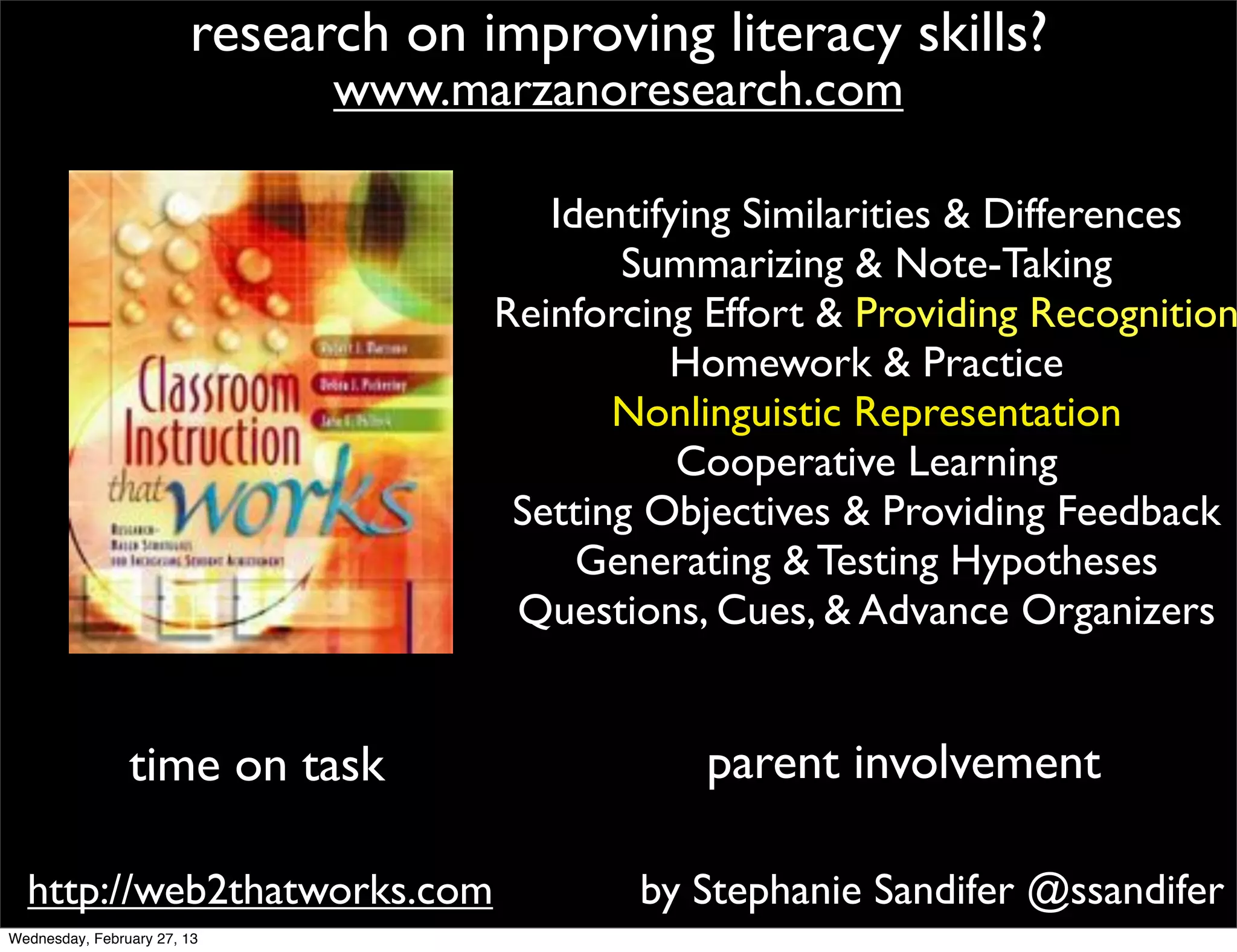 research on improving literacy skills?
                              www.marzanoresearch.com

                                        Identifying Similarities & Differences
                                            Summarizing & Note-Taking
                                     Reinforcing Effort & Providing Recognition
                                               Homework & Practice
                                            Nonlinguistic Representation
                                                Cooperative Learning
                                      Setting Objectives & Providing Feedback
                                          Generating & Testing Hypotheses
                                      Questions, Cues, & Advance Organizers


                time on task                    parent involvement

  http://web2thatworks.com                   by Stephanie Sandifer @ssandifer
Wednesday, February 27, 13
 